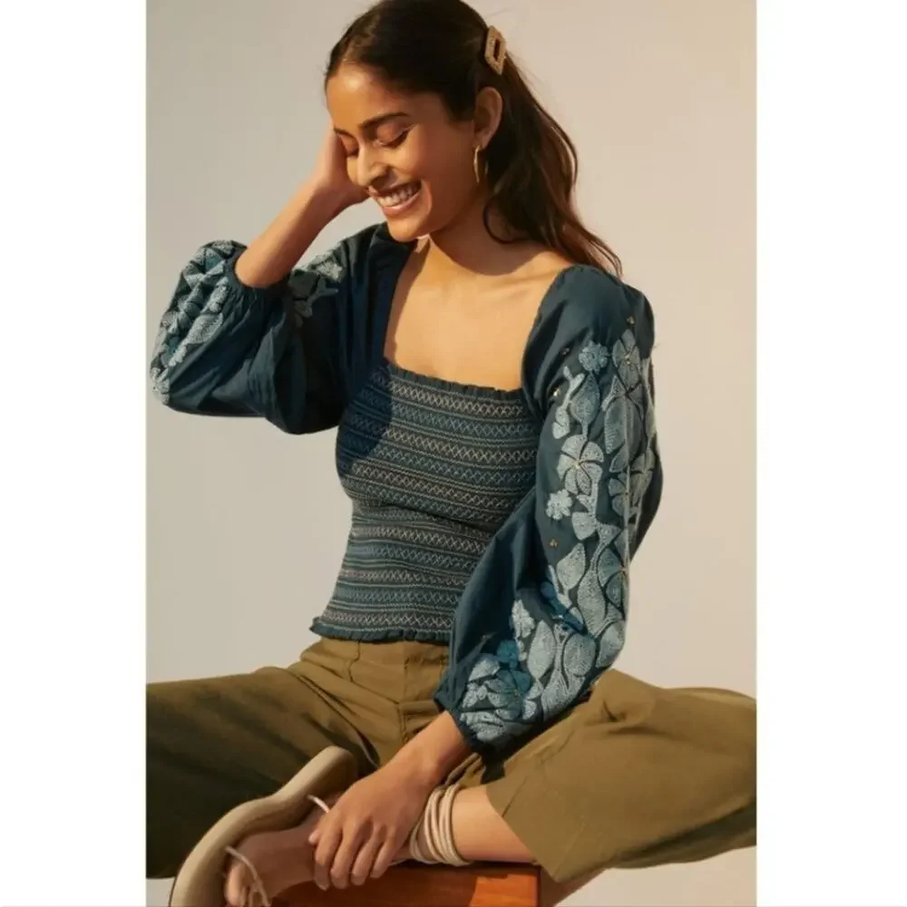 NEW Anthropologie Turquoise Embroidered Top - Picture 1 of 7